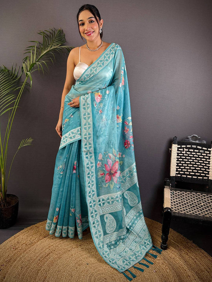 Sky Blue Linen Silk Saree with Floral Print & Embroidered Style Border