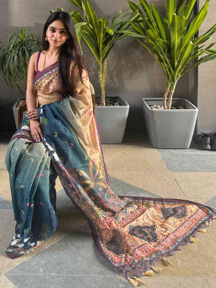 Beige & Teal Printed Silk Blend Saree with Ethnic Village Artwork