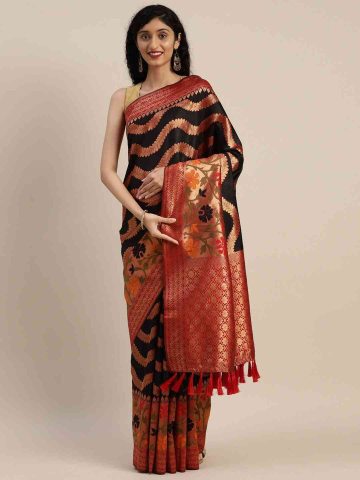 Black & Red Banarasi Silk Saree with Wave Pattern and Floral Zari Pallu