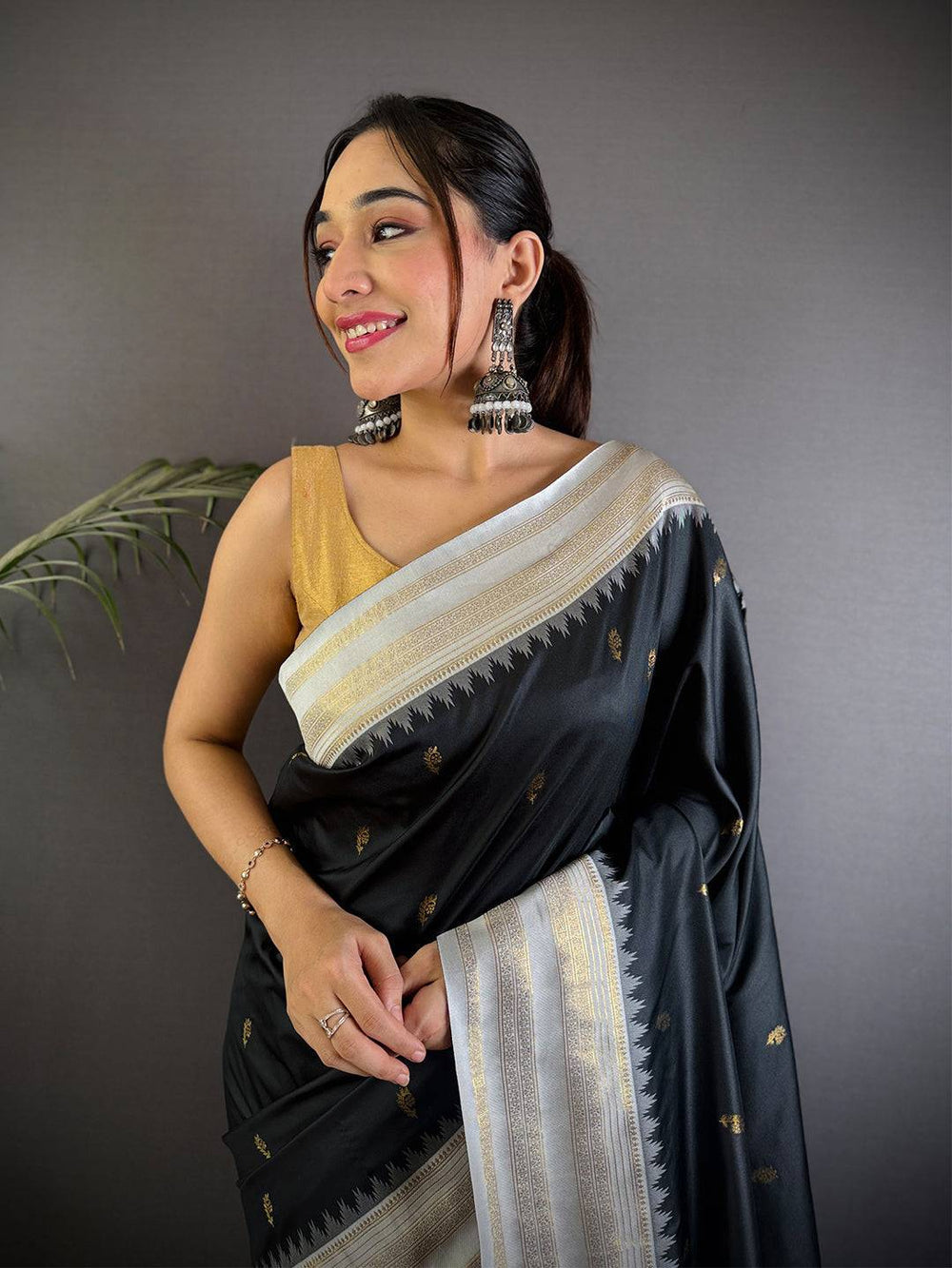 Black Banarasi Silk Saree with Silver Zari Border & Butta Work