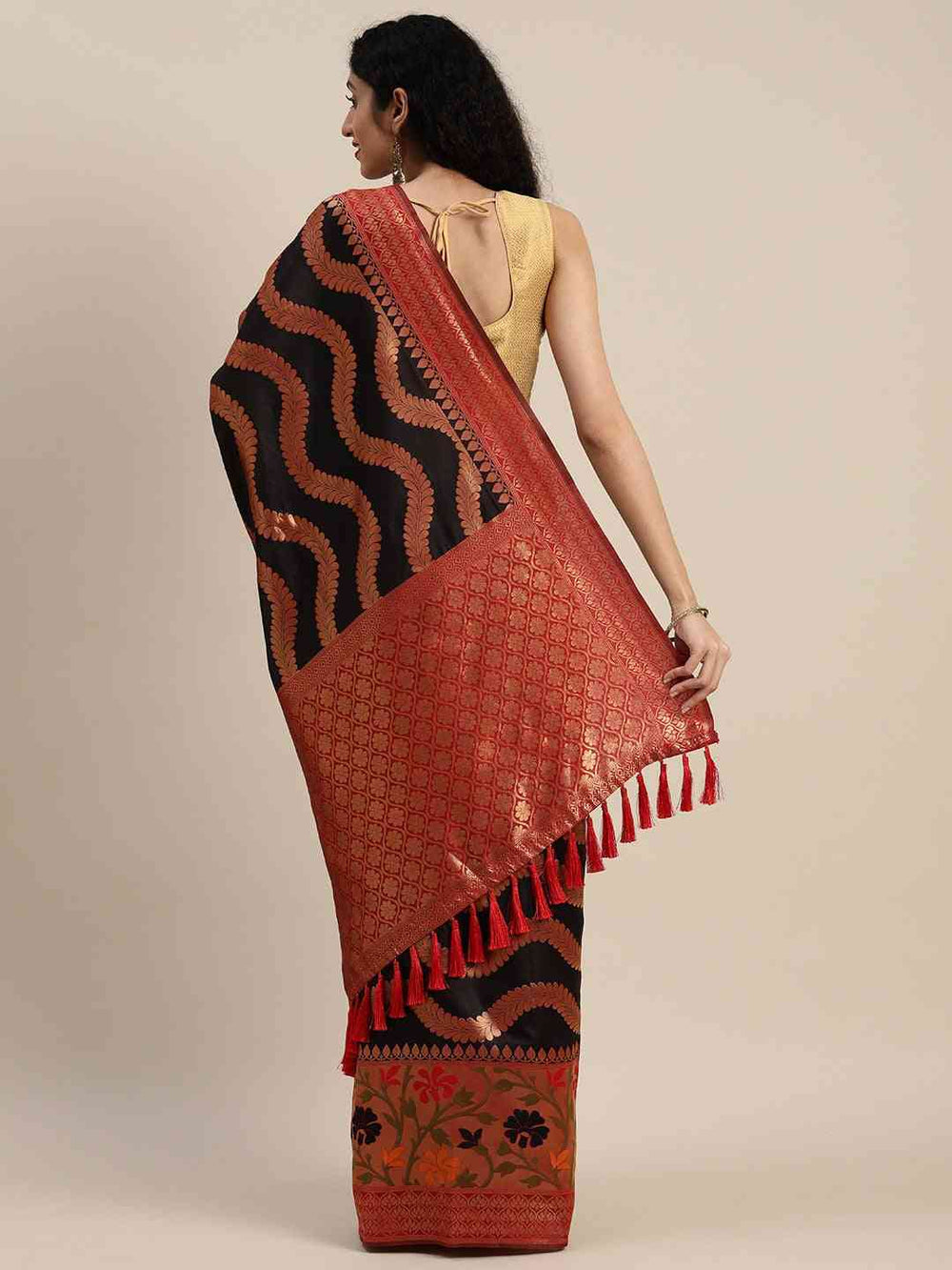 Black & Red Banarasi Silk Saree with Wave Pattern and Floral Zari Pallu
