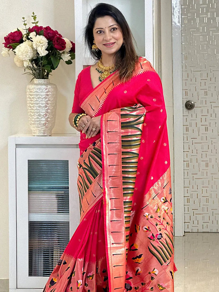 Rani Pink Silk Saree with Gold Zari Butta & Artistic Border