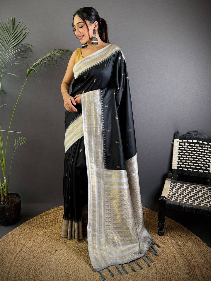 Black Banarasi Silk Saree with Silver Zari Border & Butta Work