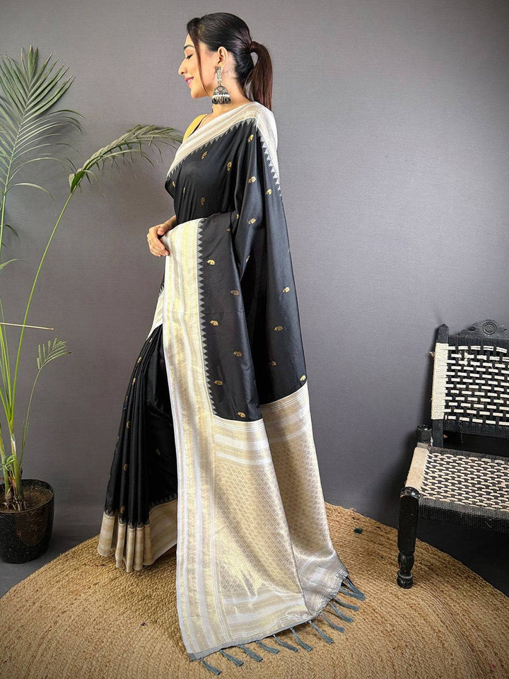 Black Banarasi Silk Saree with Silver Zari Border & Butta Work
