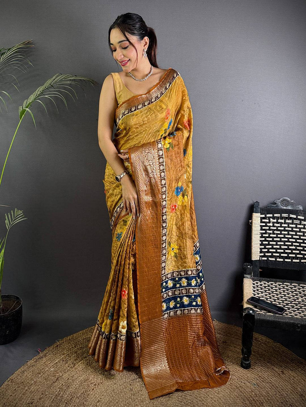 Mustard Brown Linen Silk Saree with Floral Digital Print & Contrast Blue Panel