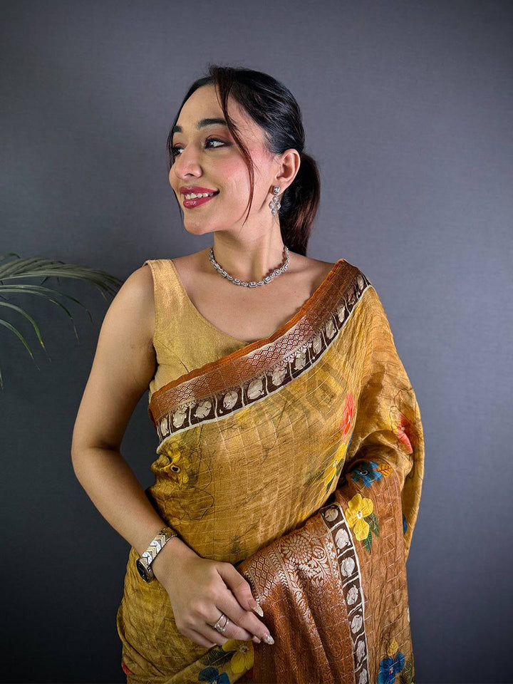 Mustard Brown Linen Silk Saree with Floral Digital Print & Contrast Blue Panel