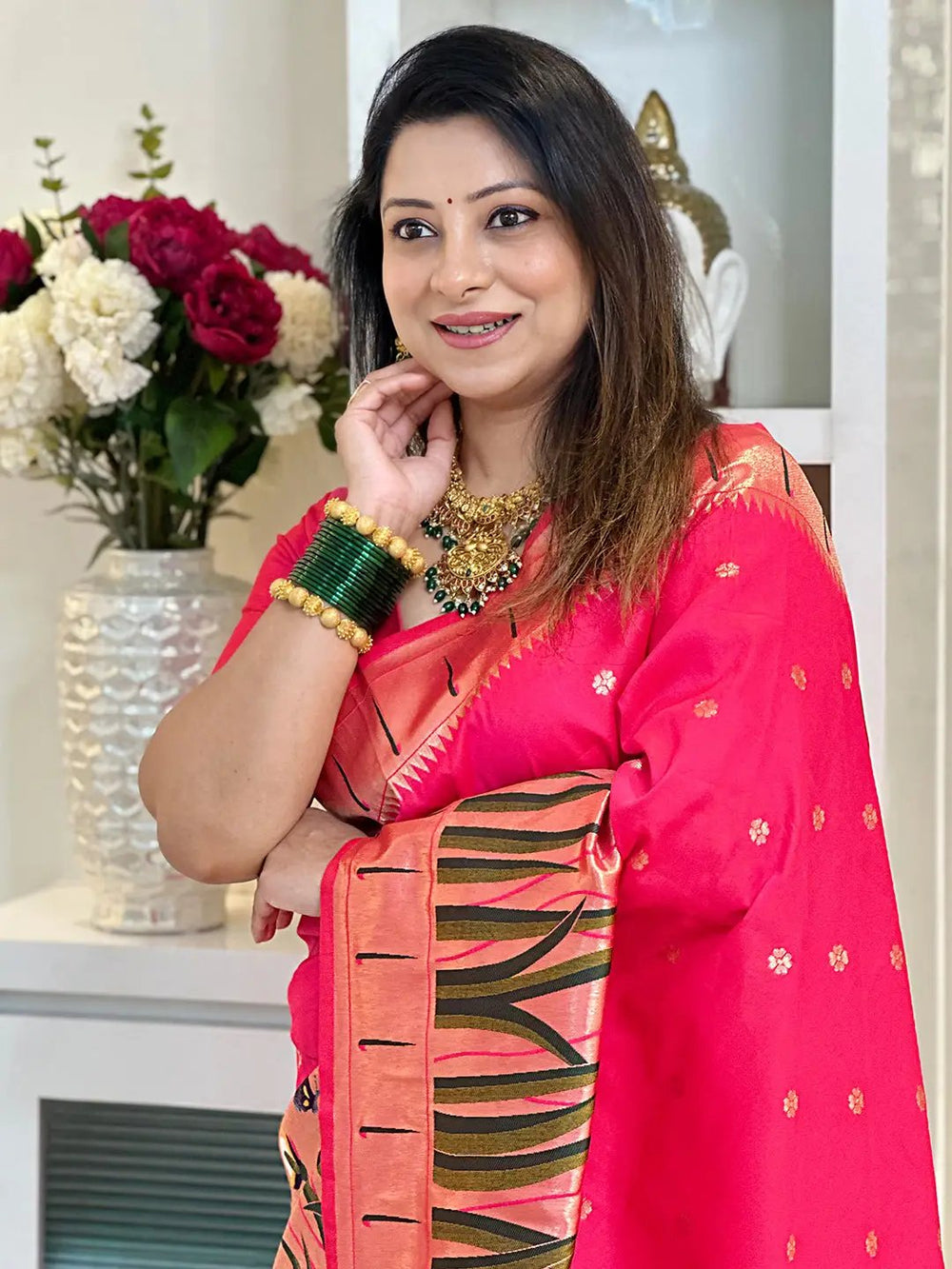 Rani Pink Silk Saree with Gold Zari Butta & Artistic Border
