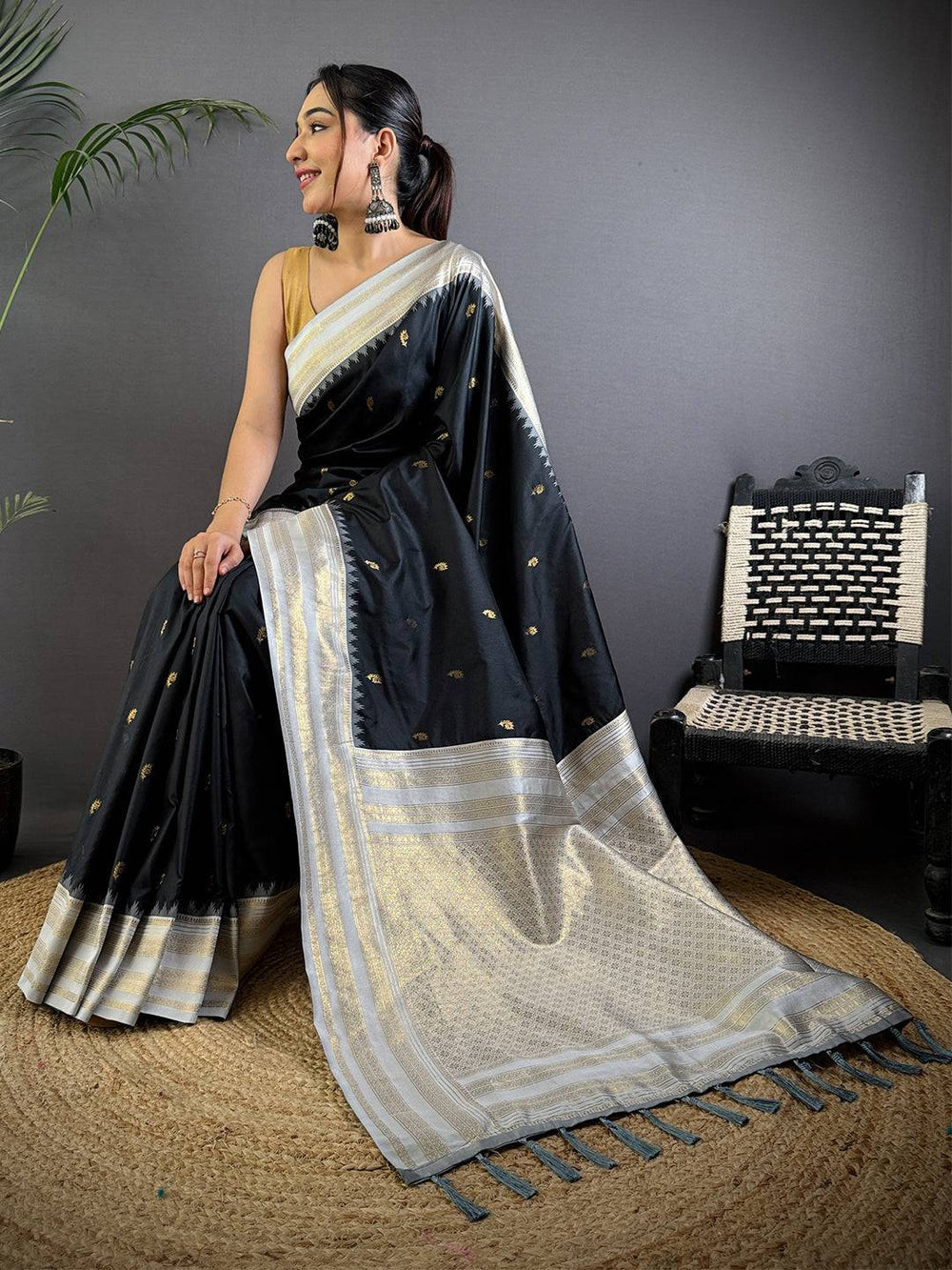Black Banarasi Silk Saree with Silver Zari Border & Butta Work