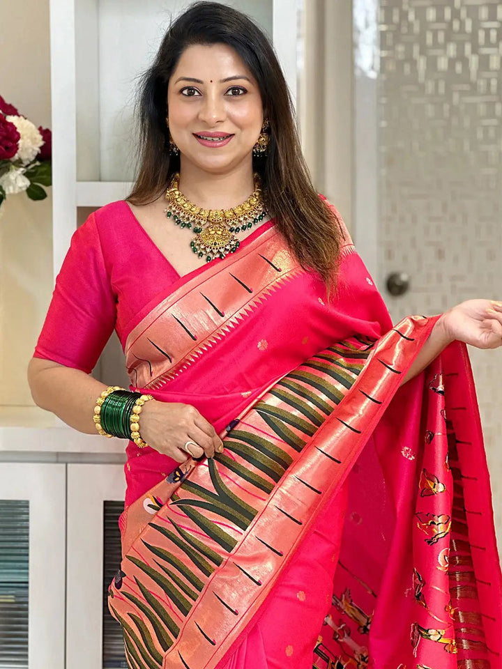 Rani Pink Silk Saree with Gold Zari Butta & Artistic Border