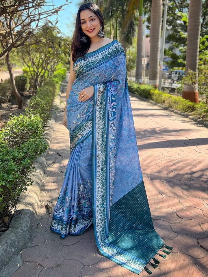 Sky Blue & Teal Printed Silk Blend Saree with Intricate Ethnic Artwork