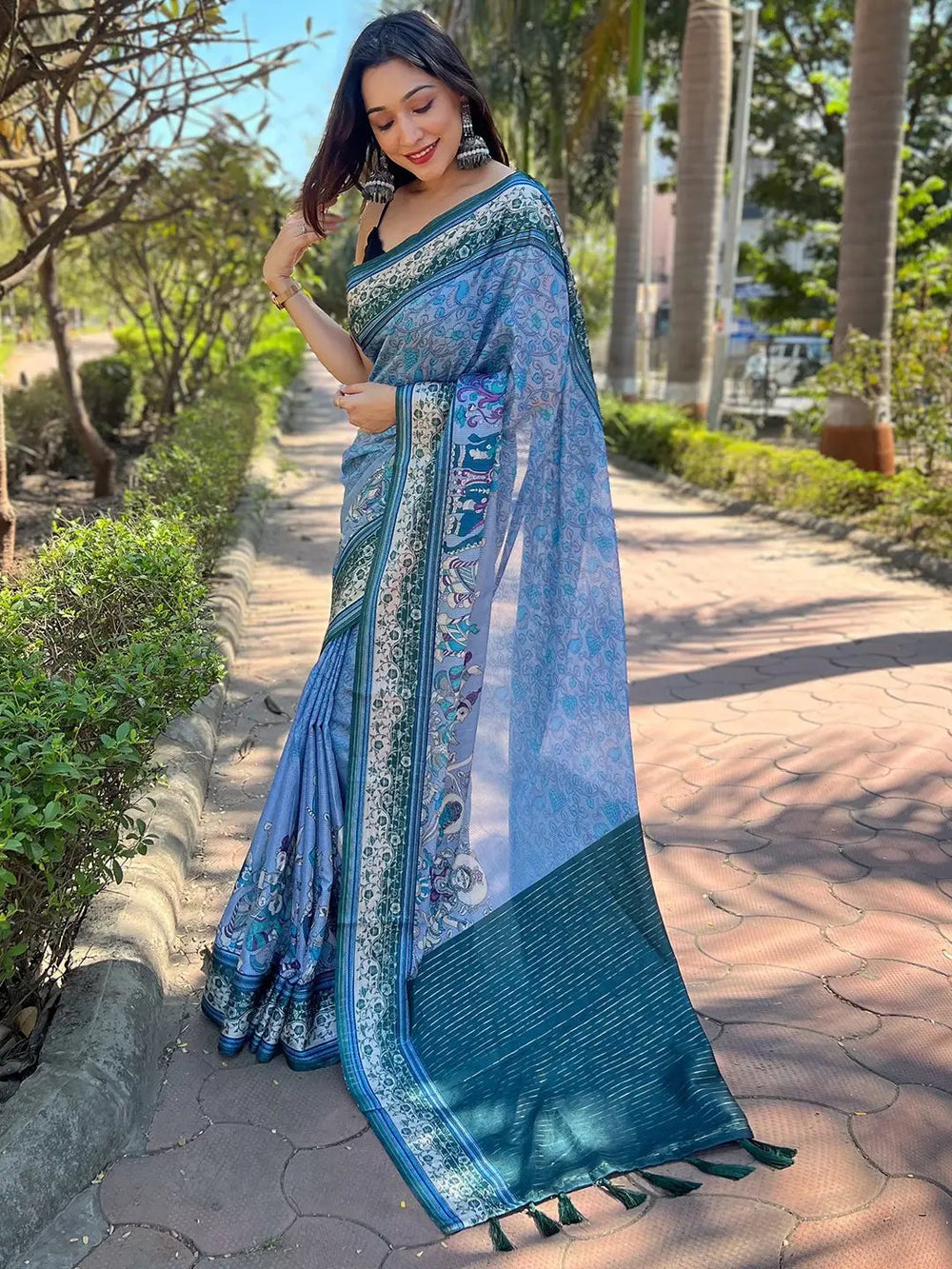 Sky Blue & Teal Printed Silk Blend Saree with Intricate Ethnic Artwork
