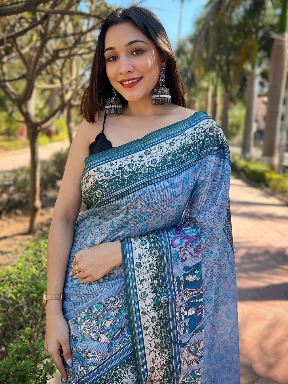 Sky Blue & Teal Printed Silk Blend Saree with Intricate Ethnic Artwork