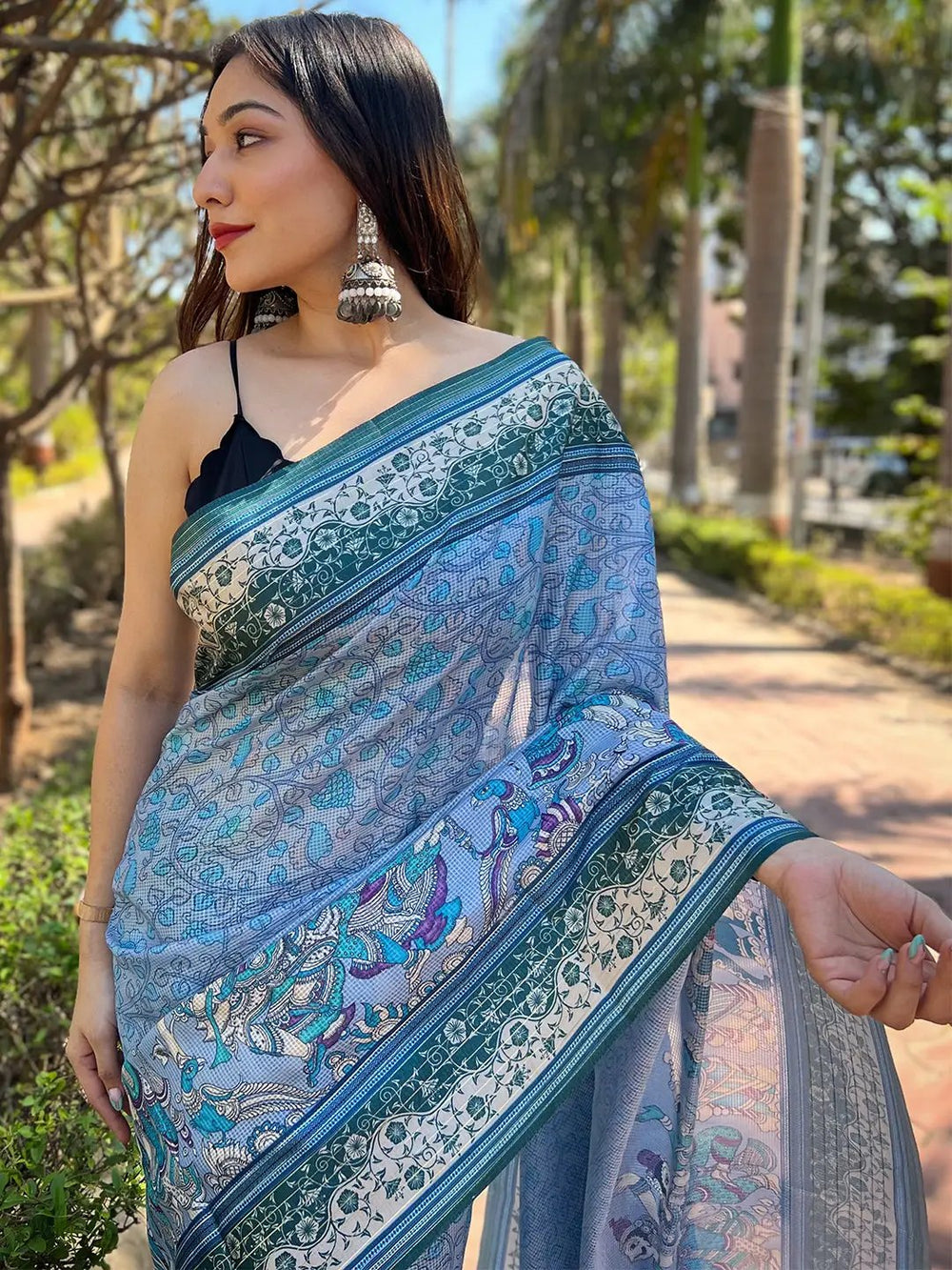 Sky Blue & Teal Printed Silk Blend Saree with Intricate Ethnic Artwork
