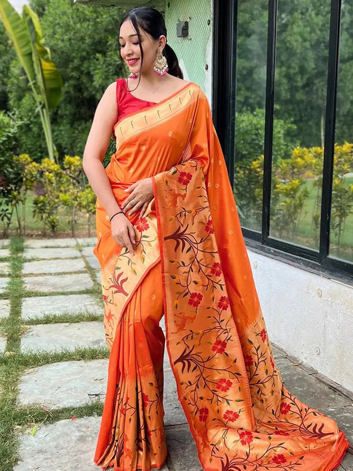 Orange Silk Blend Saree with Floral Printed Pallu