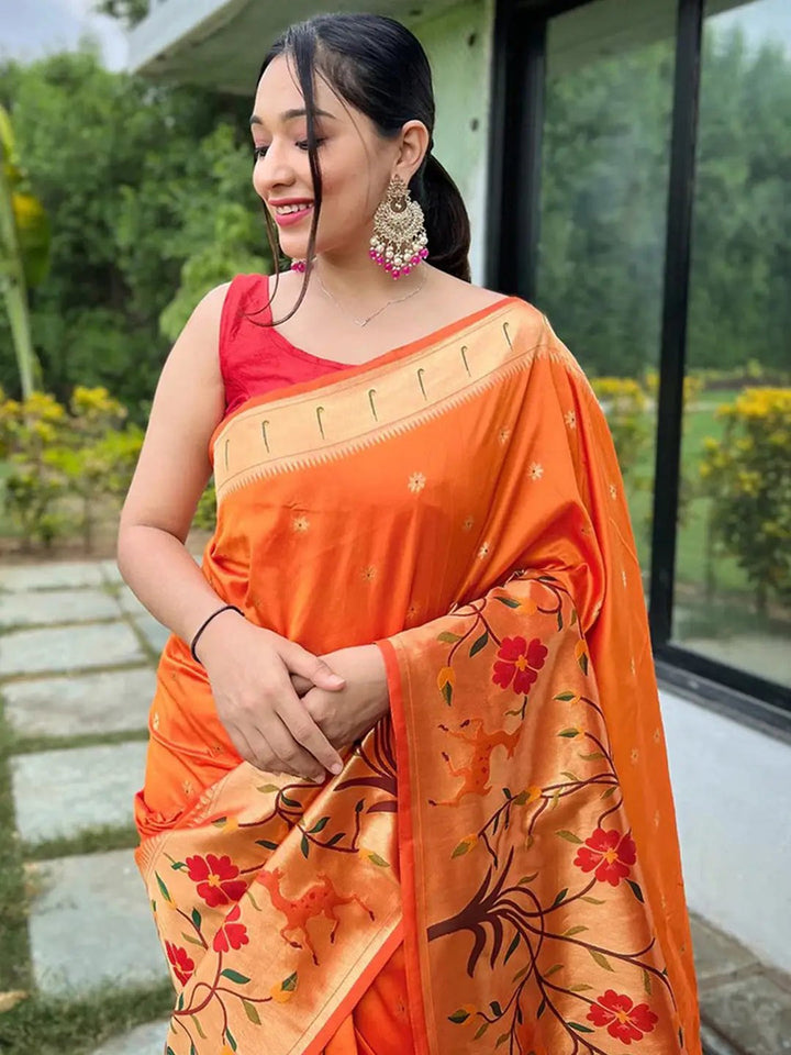 Orange Silk Blend Saree with Floral Printed Pallu