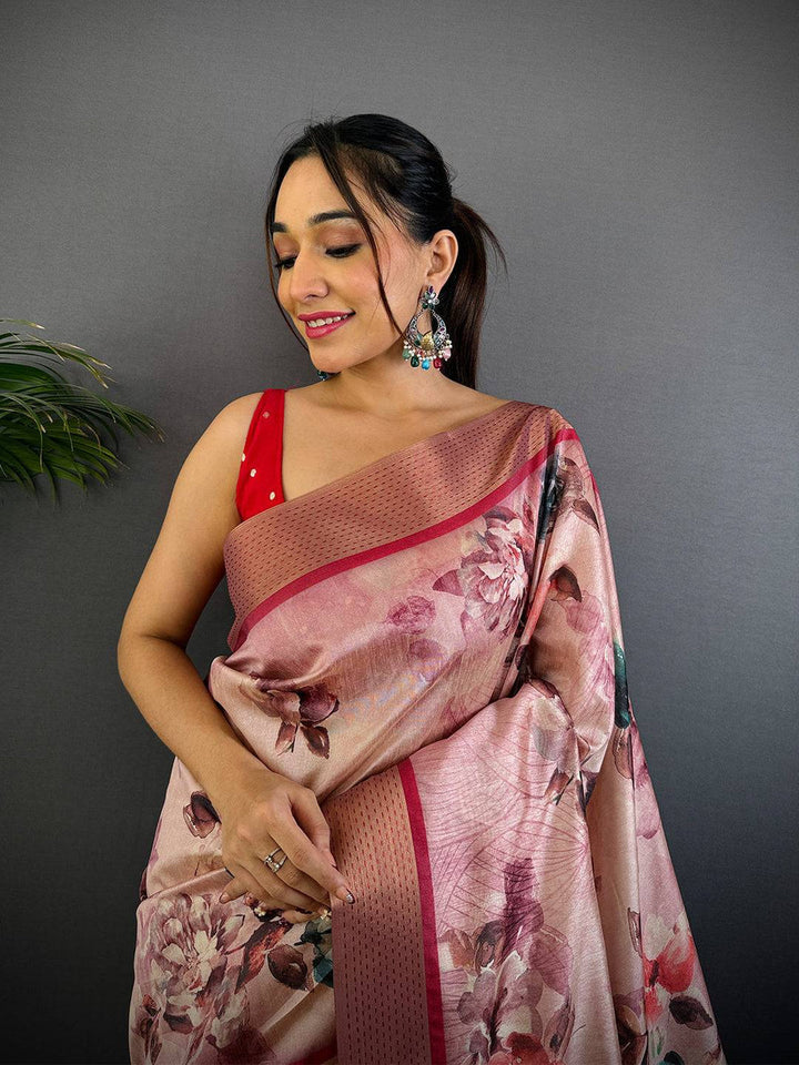 Rose Pink Floral Printed Silk Saree with Contrast Wine Border & Elegant Woven Pallu