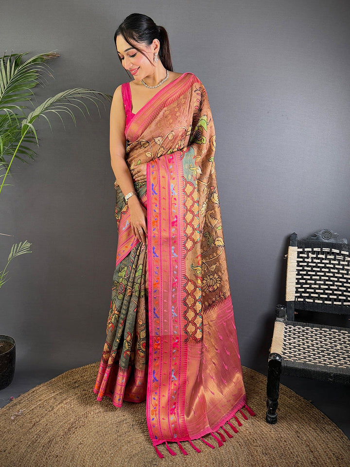 Brown & Pink Banarasi Silk Saree with Multicolor Weaving & Rich Pallu