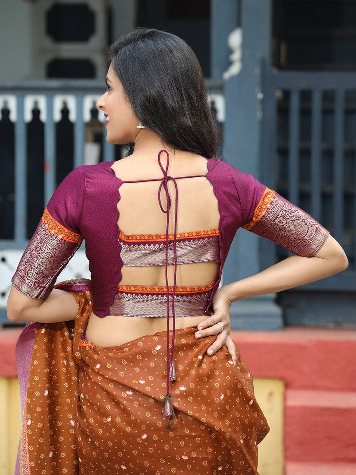 Brown & Maroon Banarasi Silk Saree with Temple Motif Border