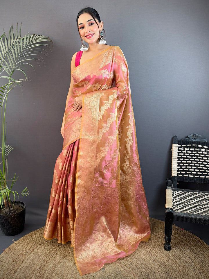 Gold & Pink Banarasi Silk Saree with Rich Zari Weaving