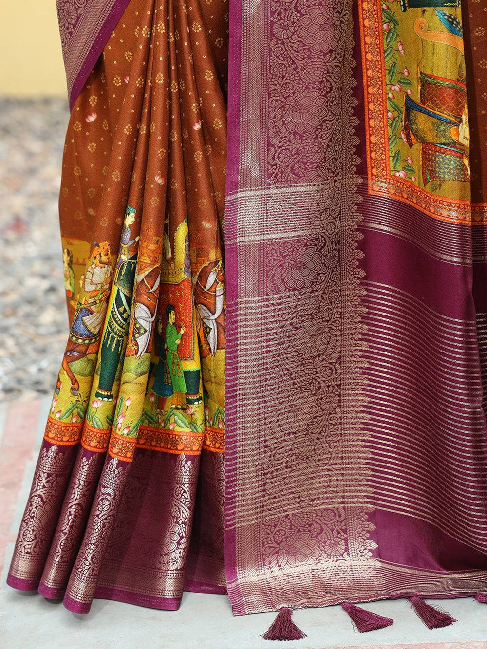 Brown & Maroon Banarasi Silk Saree with Temple Motif Border