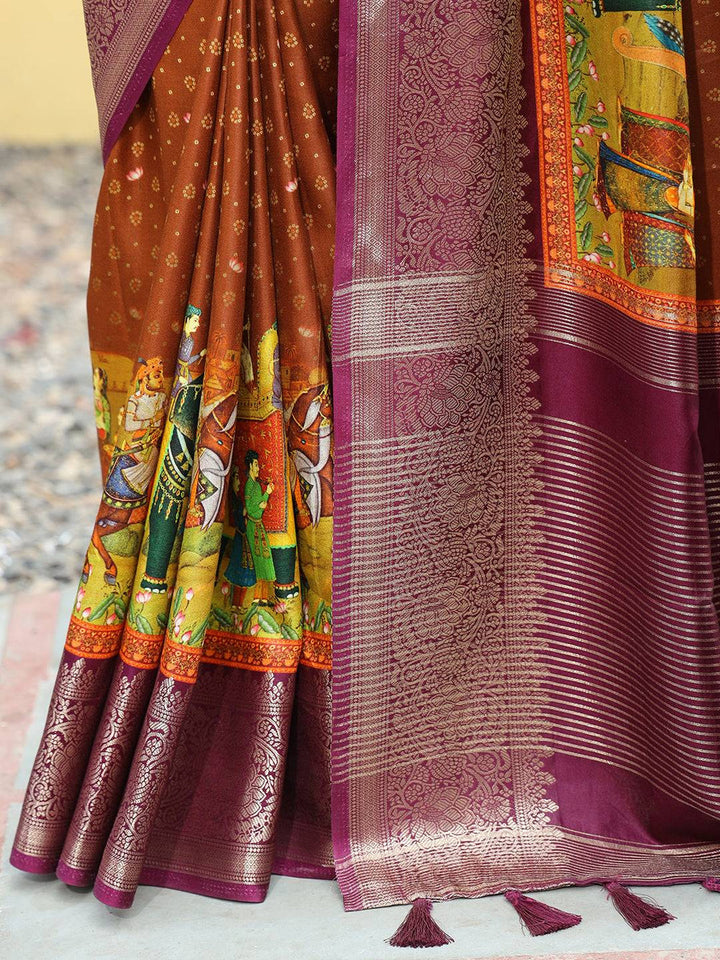 Brown & Maroon Banarasi Silk Saree with Temple Motif Border