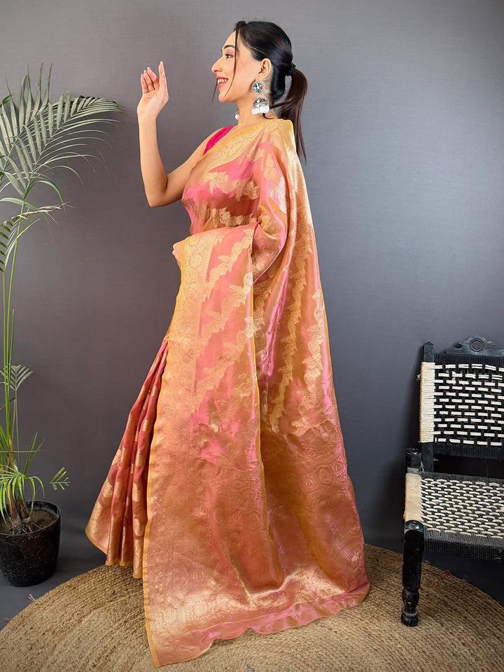 Gold & Pink Banarasi Silk Saree with Rich Zari Weaving