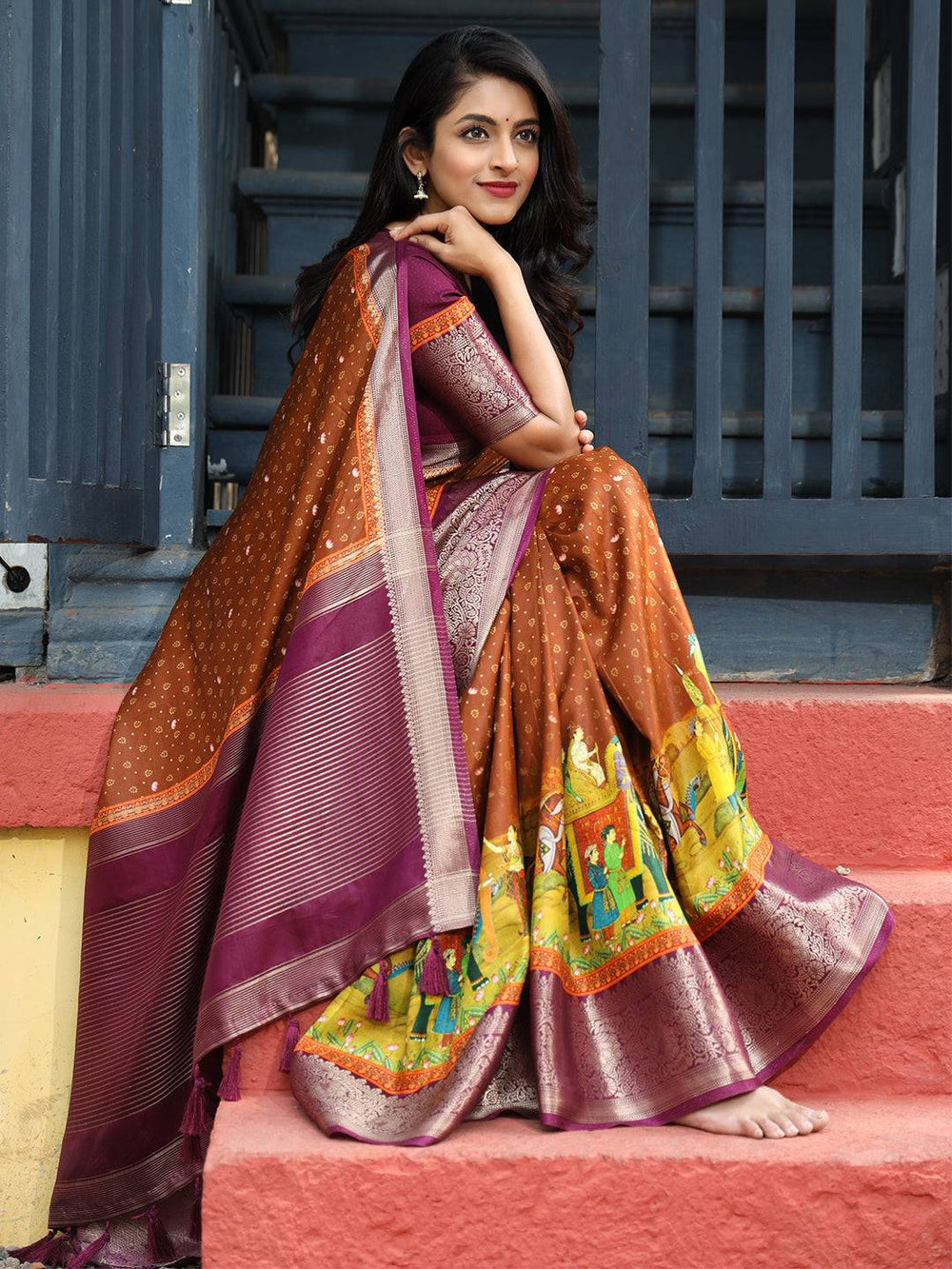 Brown & Maroon Banarasi Silk Saree with Temple Motif Border
