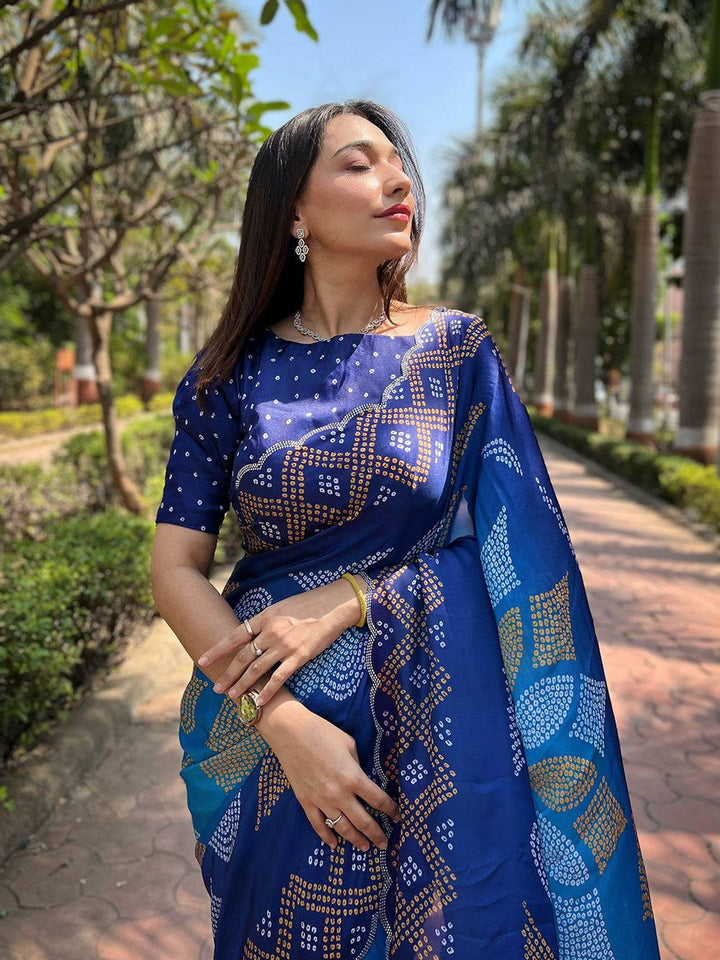 Royal Blue Bandhani Printed Silk Blend Saree