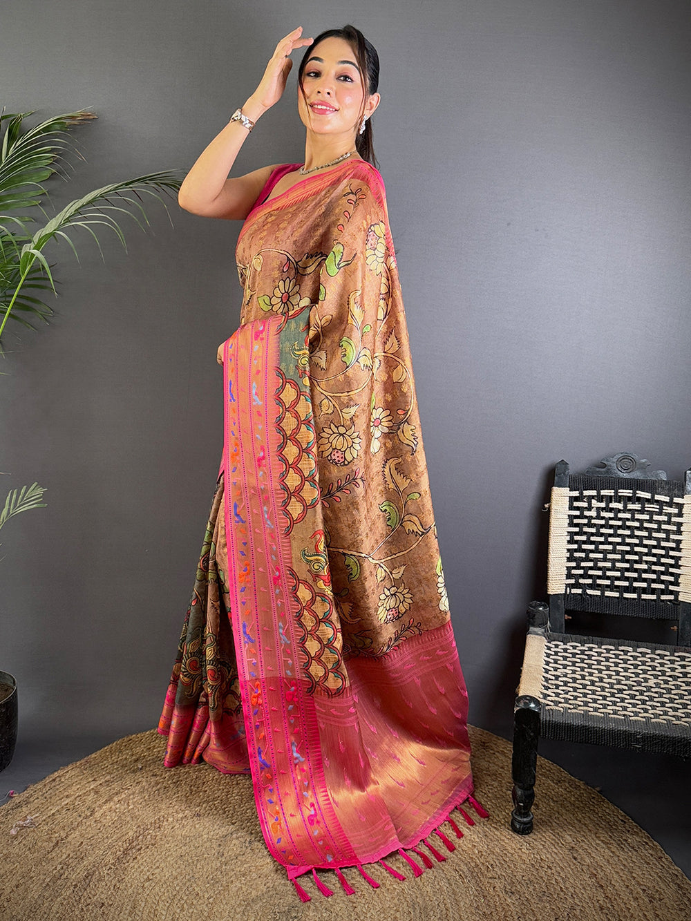 Brown & Pink Banarasi Silk Saree with Multicolor Weaving & Rich Pallu
