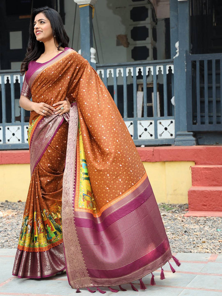 Brown & Maroon Banarasi Silk Saree with Temple Motif Border
