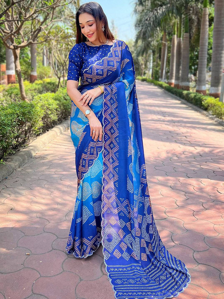 Royal Blue Bandhani Printed Silk Blend Saree