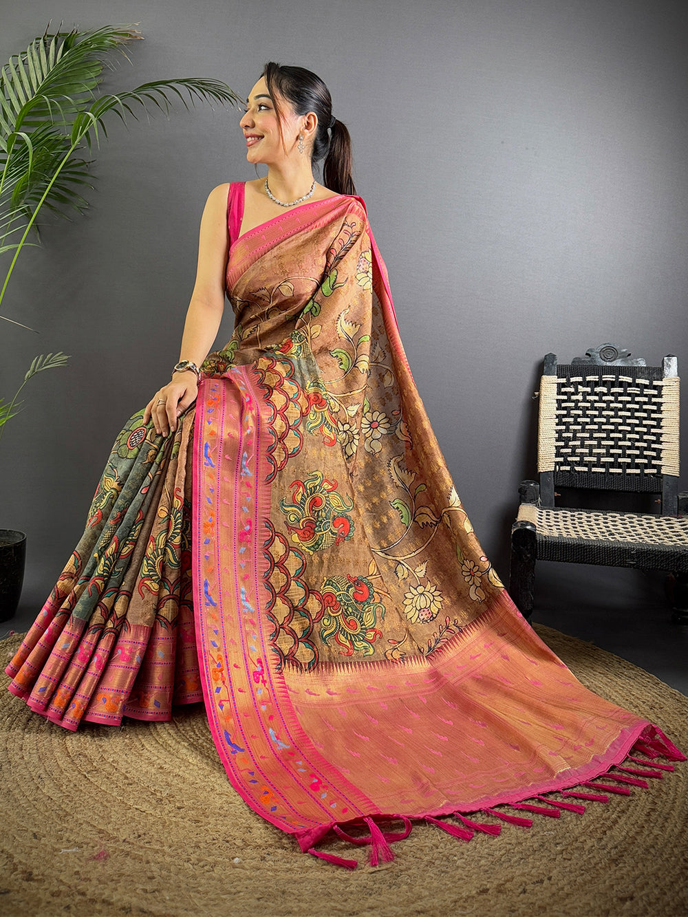 Brown & Pink Banarasi Silk Saree with Multicolor Weaving & Rich Pallu