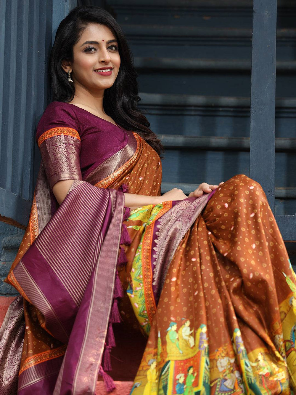 Brown & Maroon Banarasi Silk Saree with Temple Motif Border