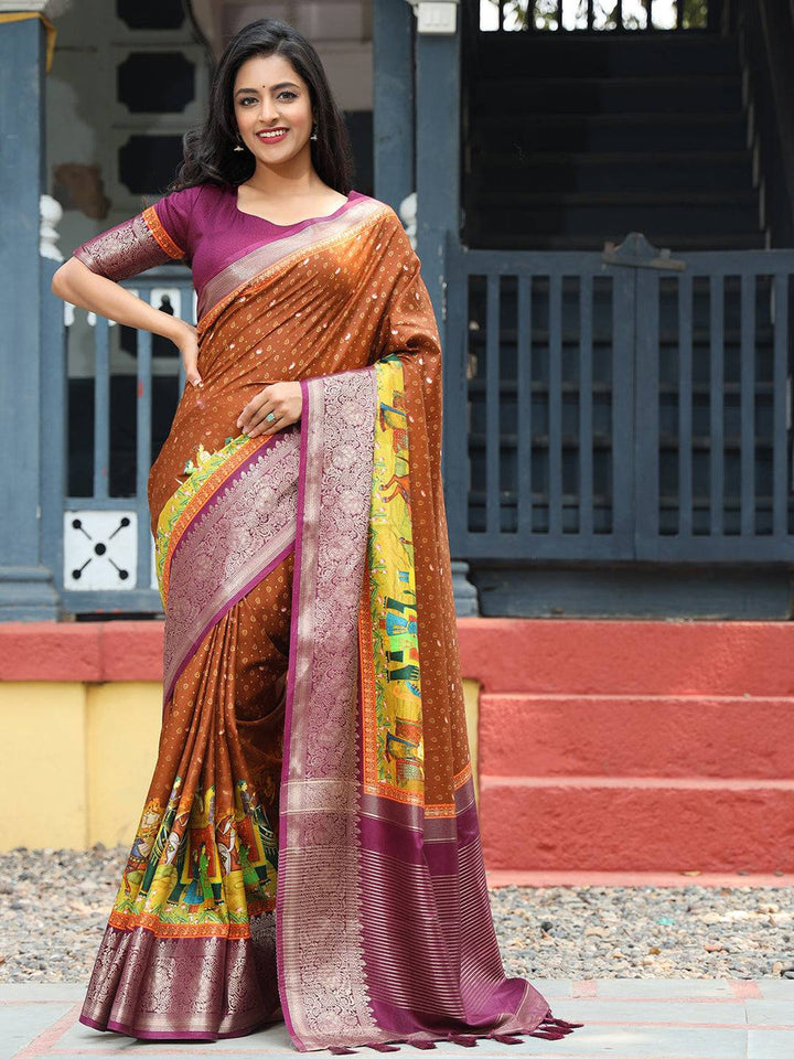 Brown & Maroon Banarasi Silk Saree with Temple Motif Border
