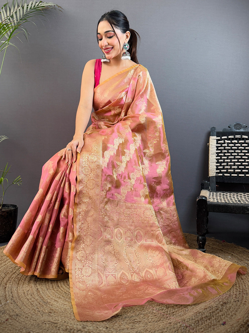 Gold & Pink Banarasi Silk Saree with Rich Zari Weaving