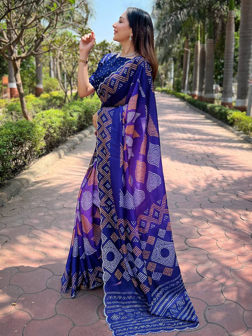 Purple & Blue Bandhani Printed Silk Blend Saree