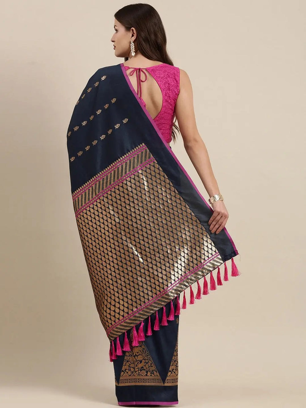 Navy Blue Banarasi Silk Saree with Golden Zari Weaving & Pink Border