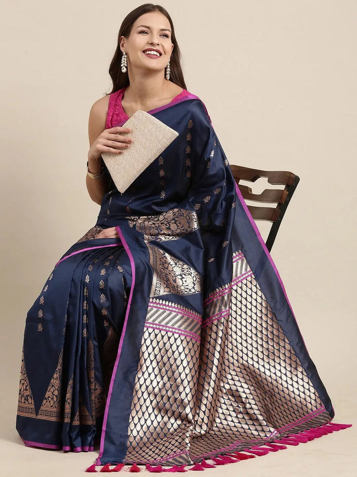 Navy Blue Banarasi Silk Saree with Golden Zari Weaving & Pink Border