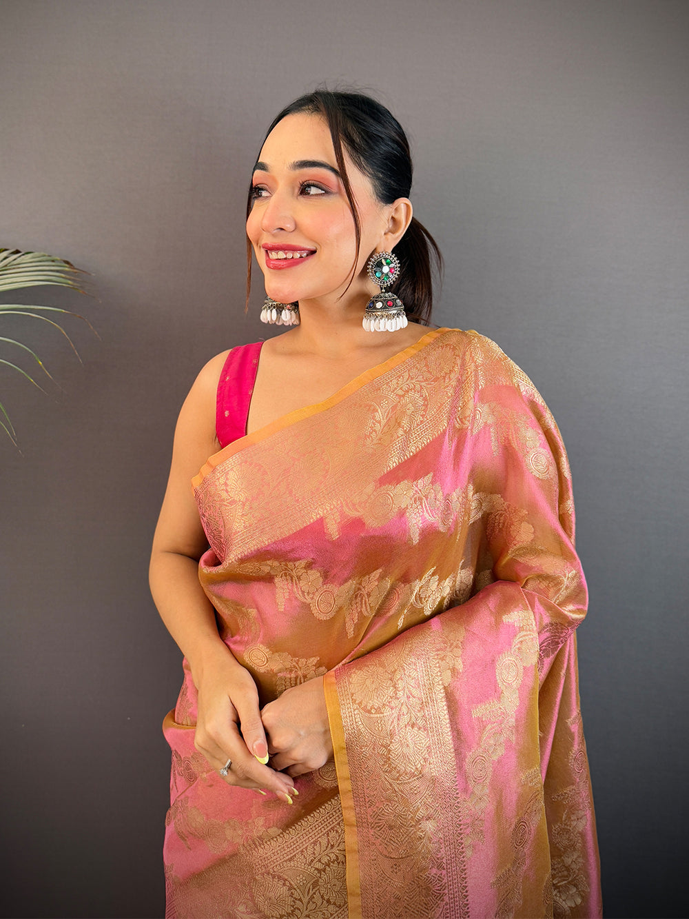 Gold & Pink Banarasi Silk Saree with Rich Zari Weaving