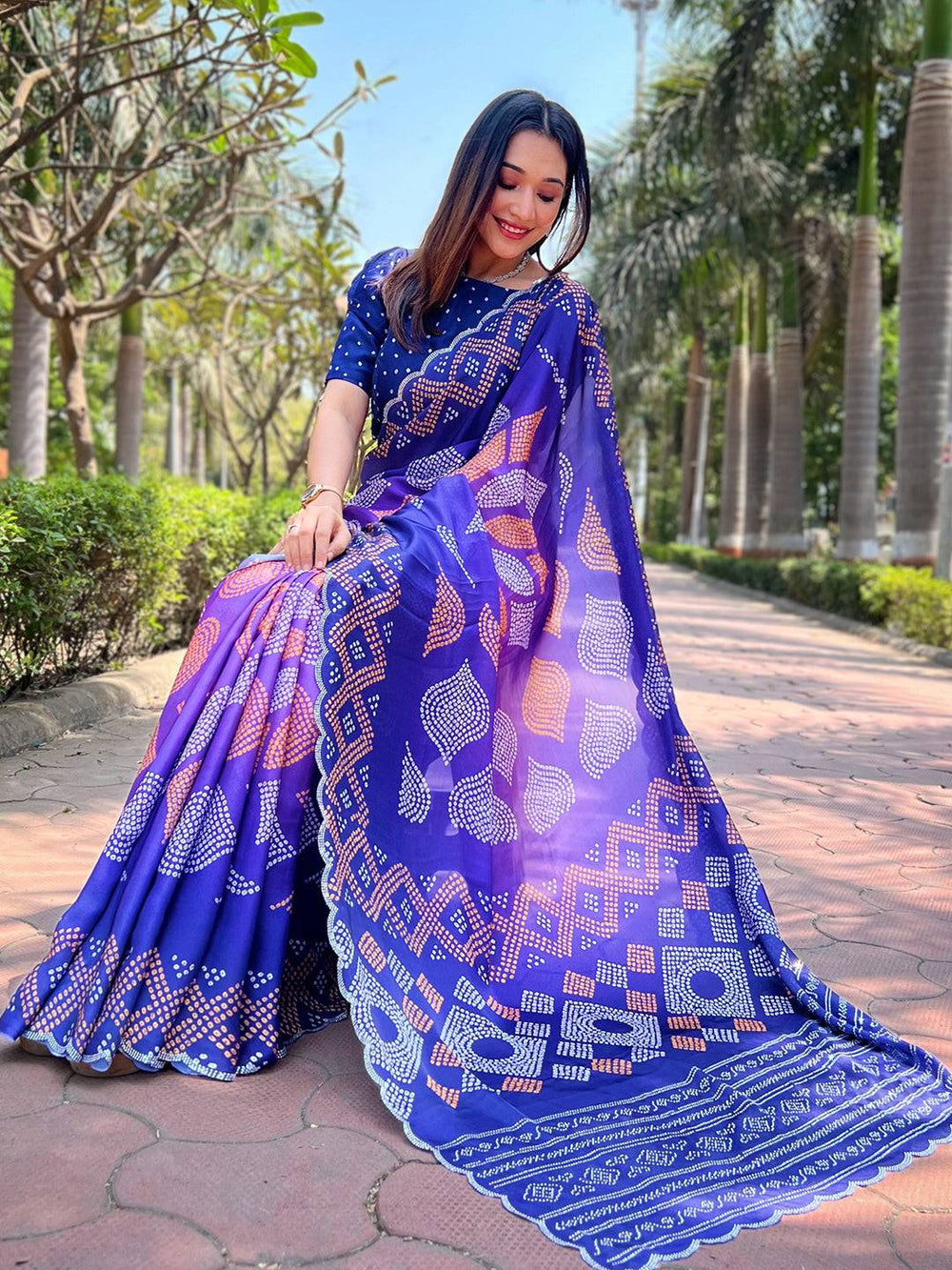 Purple & Blue Bandhani Printed Silk Blend Saree