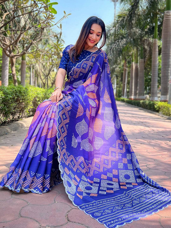 Purple & Blue Bandhani Printed Silk Blend Saree