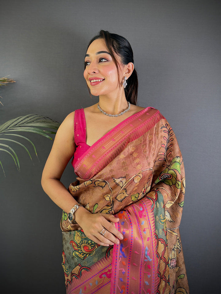Brown & Pink Banarasi Silk Saree with Multicolor Weaving & Rich Pallu