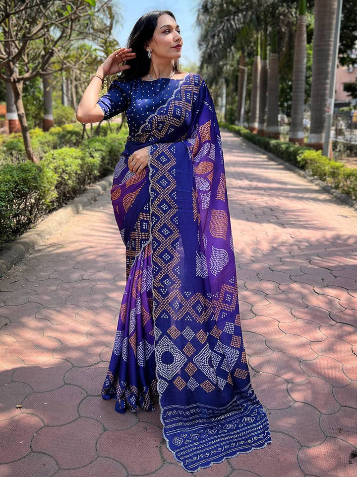 Purple & Blue Bandhani Printed Silk Blend Saree