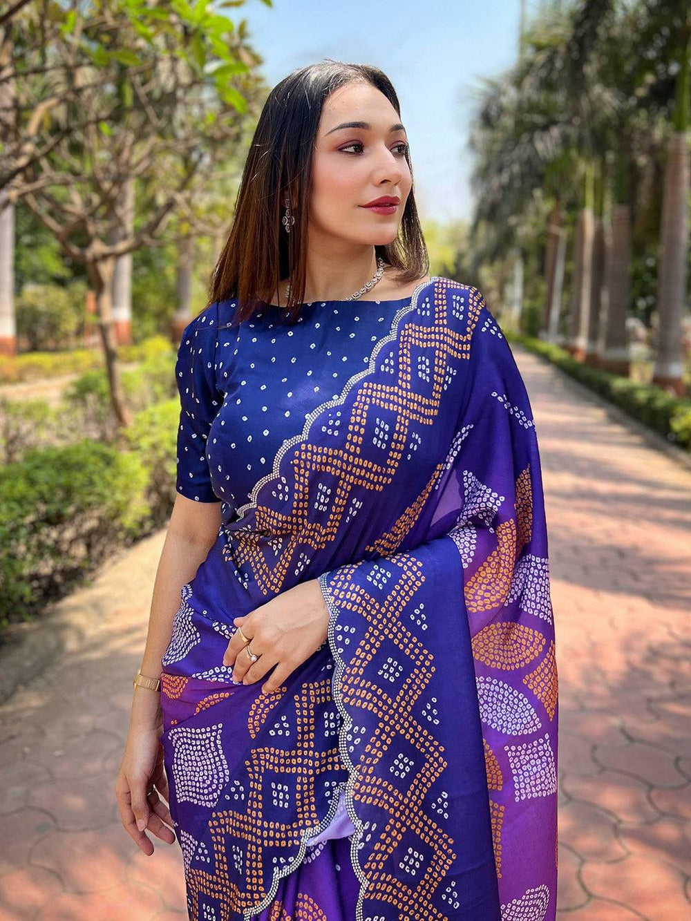 Purple & Blue Bandhani Printed Silk Blend Saree