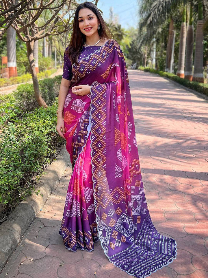 Purple & Pink Bandhani Printed Silk Blend Saree