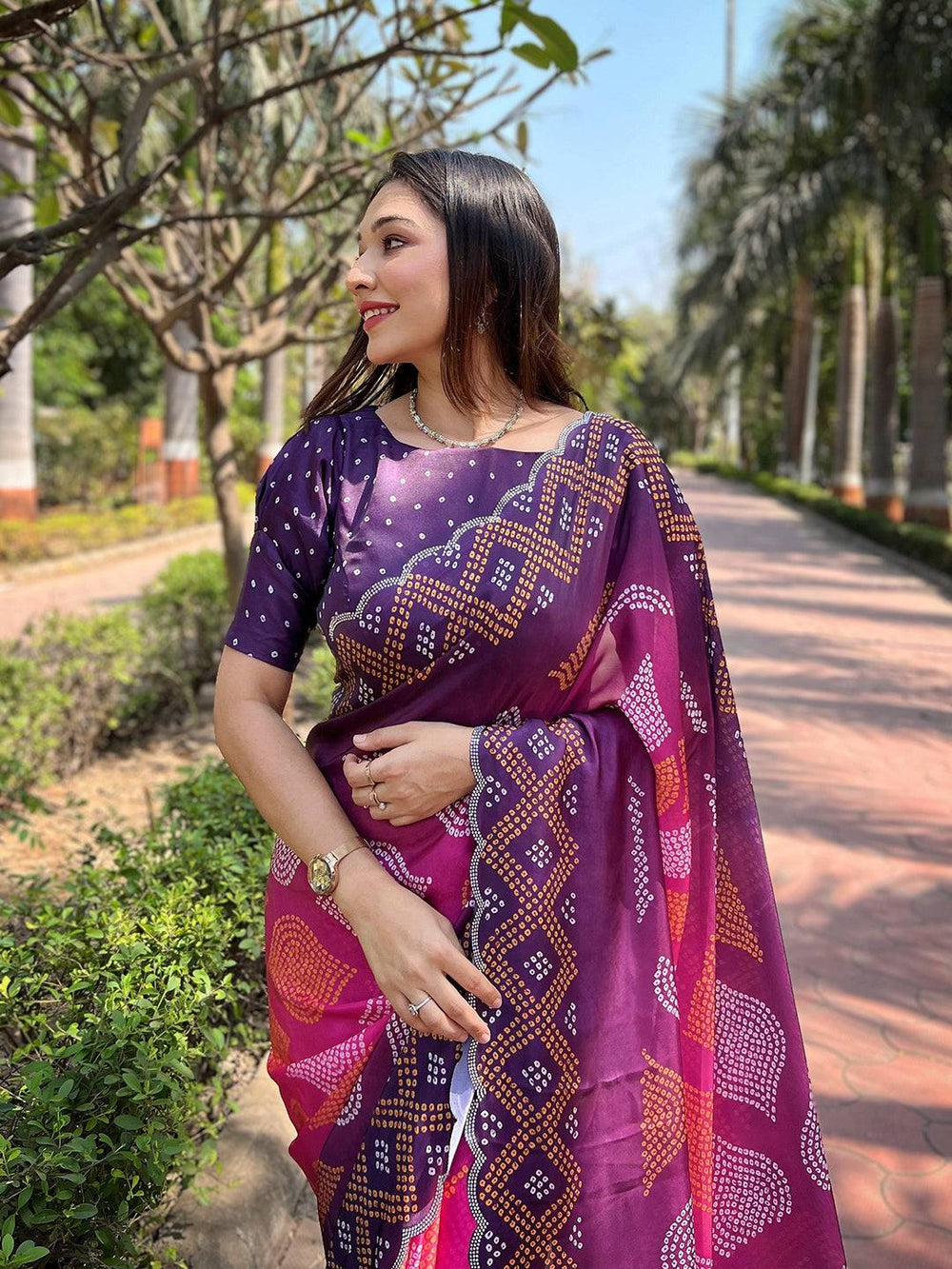 Purple & Pink Bandhani Printed Silk Blend Saree