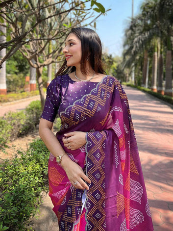 Purple & Pink Bandhani Printed Silk Blend Saree