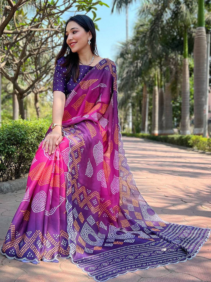 Purple & Pink Bandhani Printed Silk Blend Saree