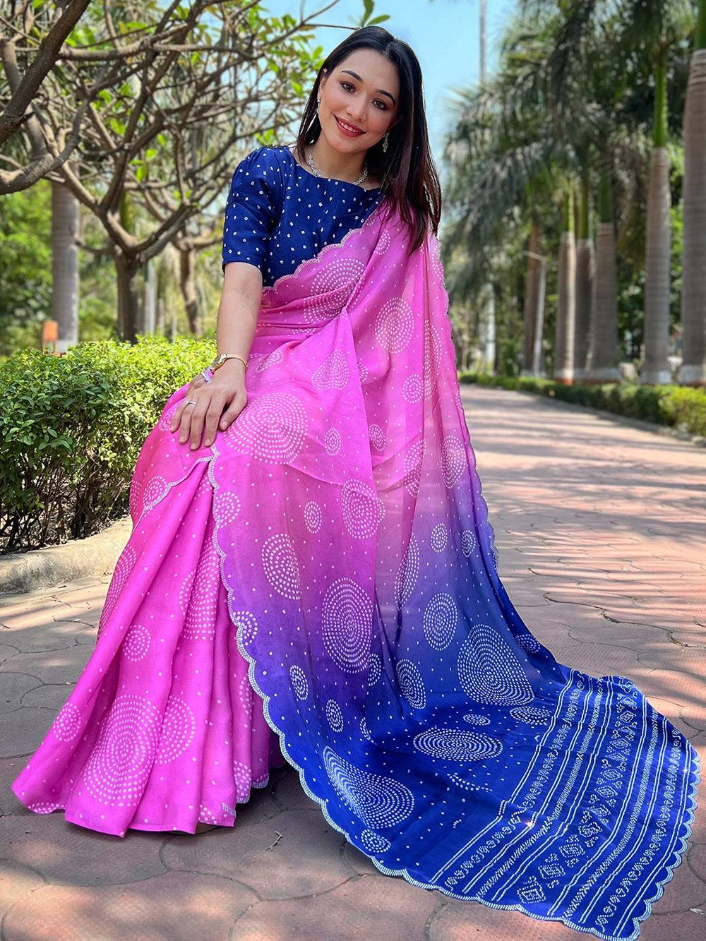 Pink to Navy Blue Ombre Bandhani Printed Saree