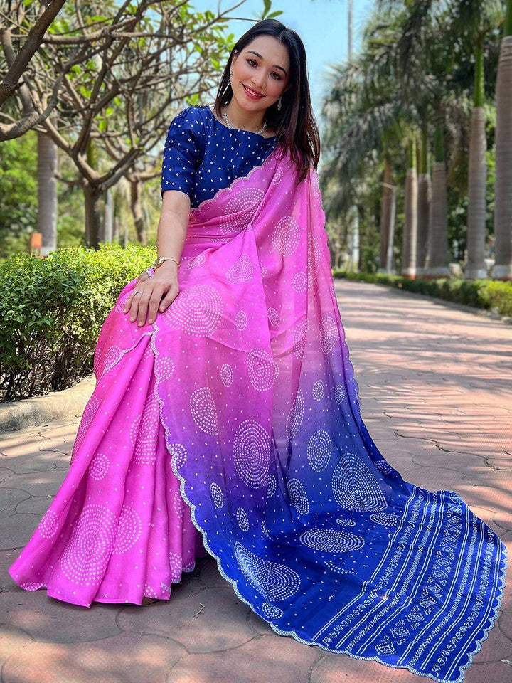 Pink to Navy Blue Ombre Bandhani Printed Saree